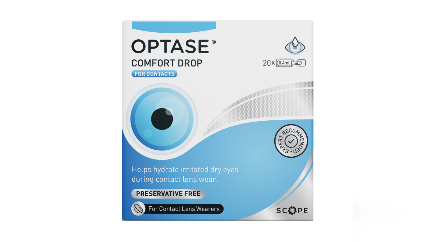 Front OPTASE Optase Comfort Drop Preservative Free Eye Drops Eye Drops 20 x 0.4ml